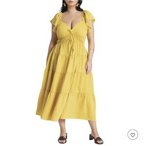 Eloquii Yellow Flowy Sweetheart Neckline Ruffled Tiered Maxi Dress Size 14